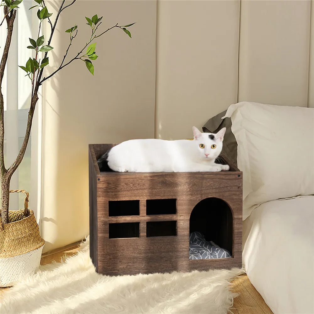 Durable Wooden Cat Cave Bed Furniture Cushion Pad