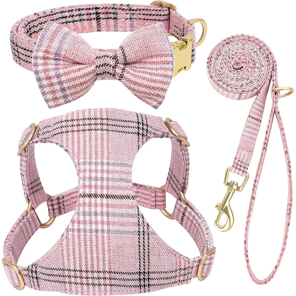 Small Dog Harness Collar Leash Adjustable Plaid