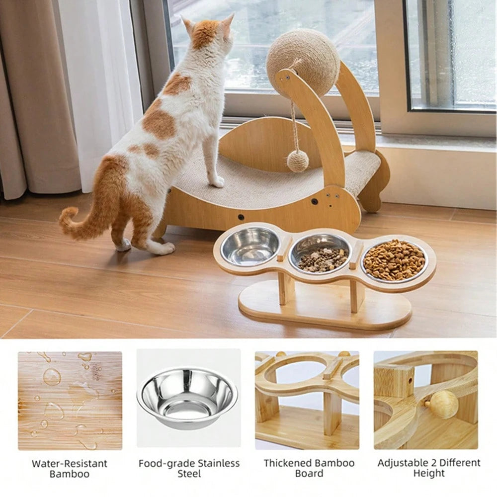 3 Bowls in 1 Feeding & Watering Raised Wood Brackets