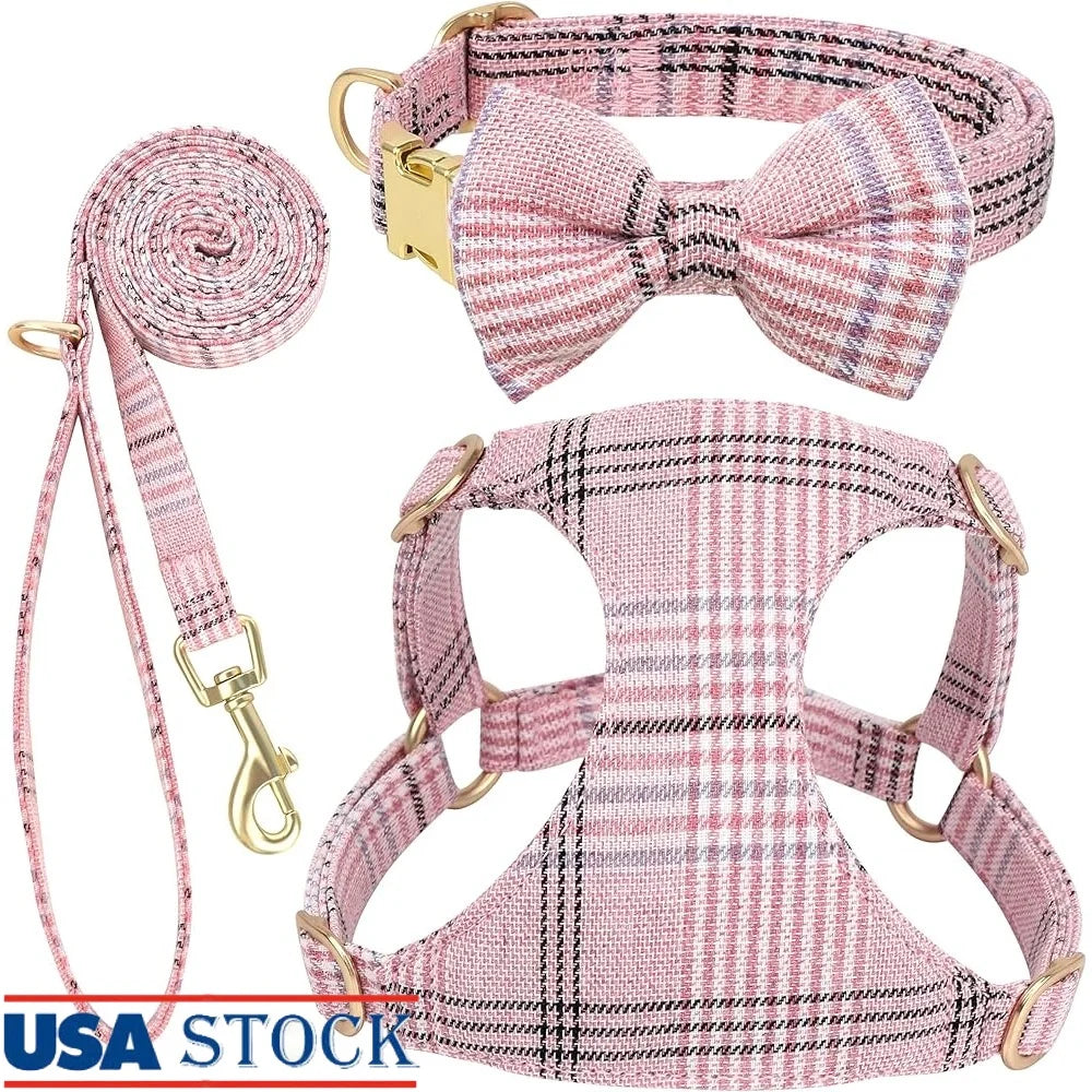 Small Dog Harness Collar Leash Adjustable Plaid