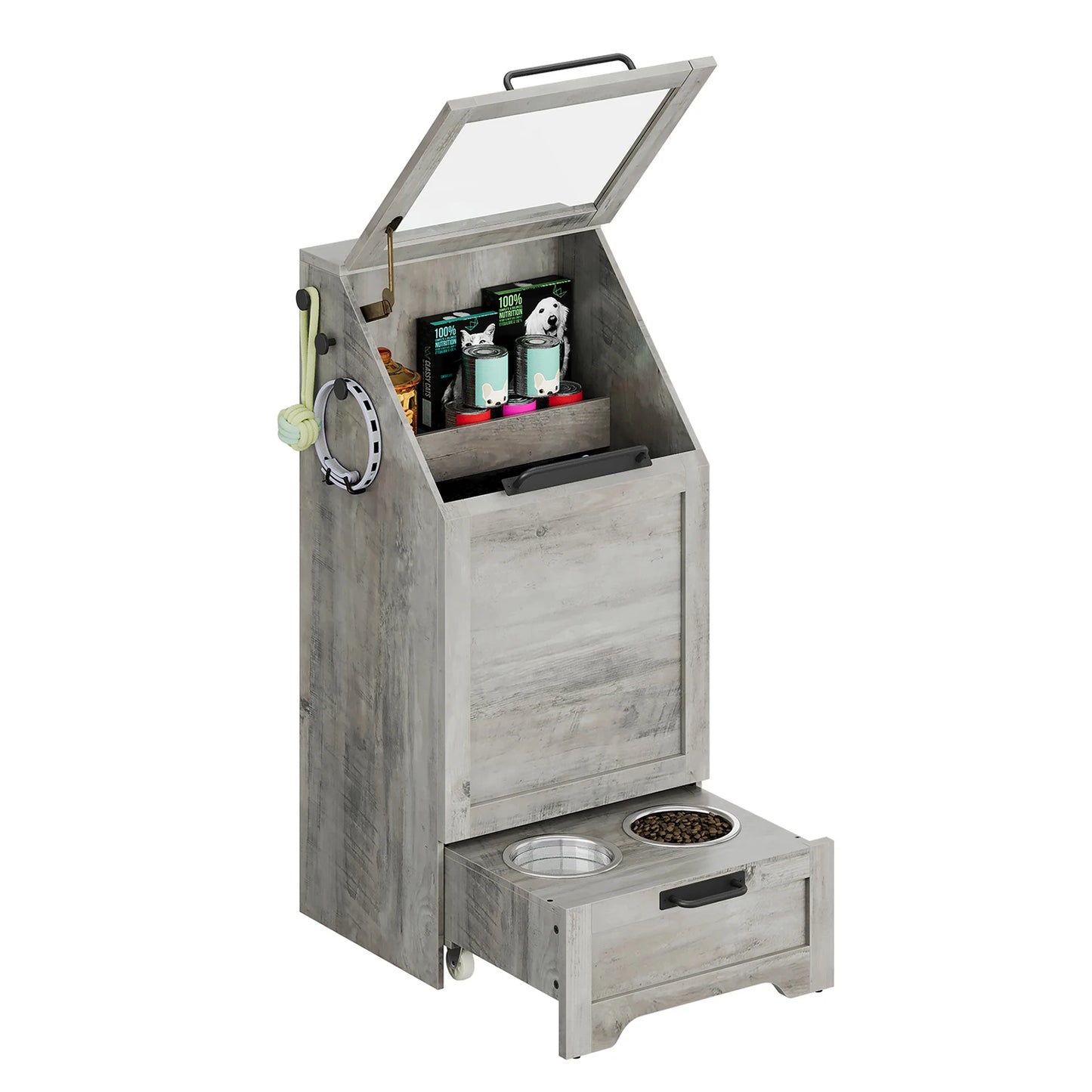 Dog Feeding Station With 2 Elevated Bowls Flip Top Food Storage Cabinet