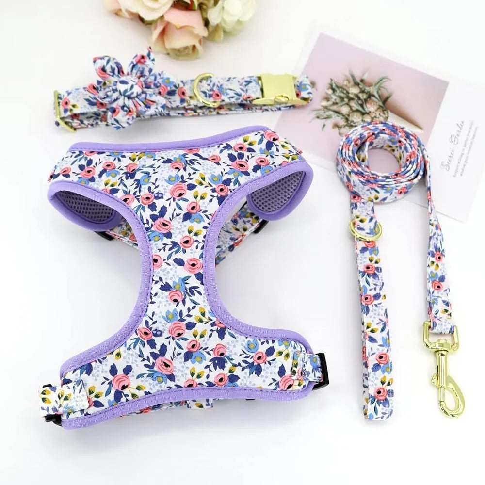 Cute Dog Harness Leash Collar Set Adjustable Floral