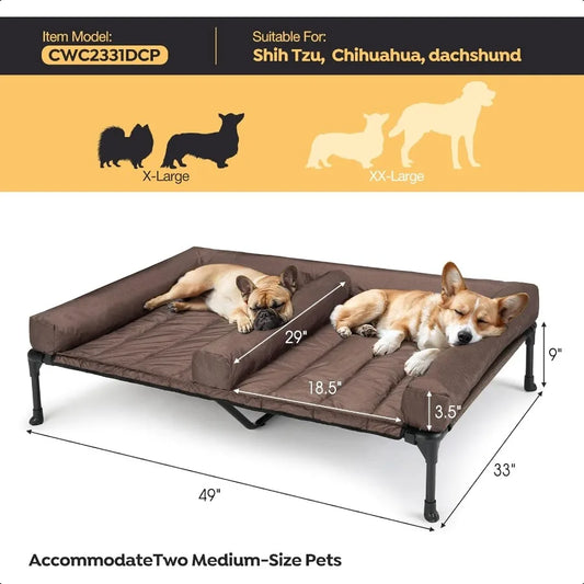 Two Medium Dogs Elevated Bed with Waterproof Bolster
