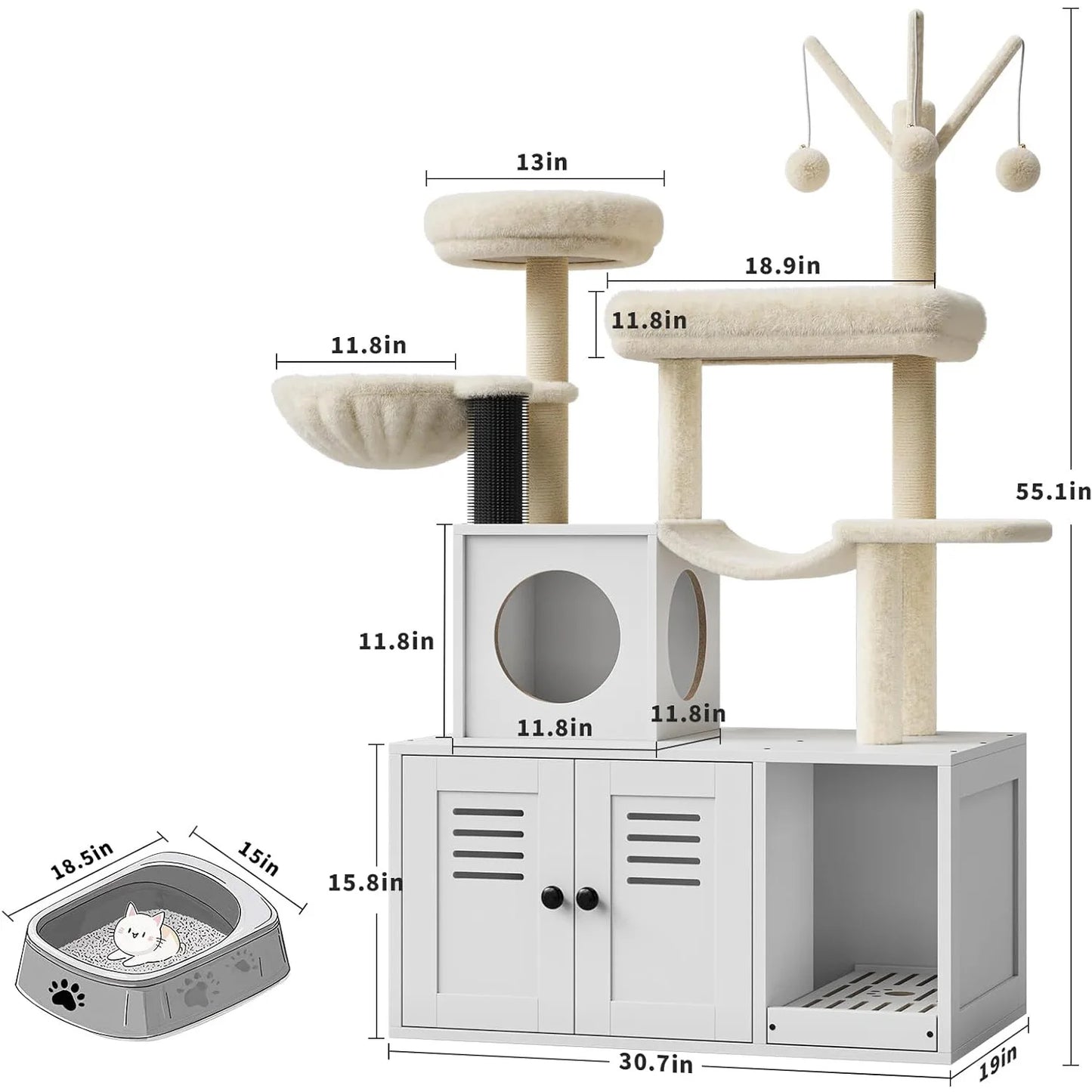 Litter Box Enclosure,Cat Tower,Scratching Post & Plush Perch
