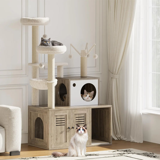 Modern Cat Tree, Hidden Litter Box, Multi-Level, Condo, Scratching Posts