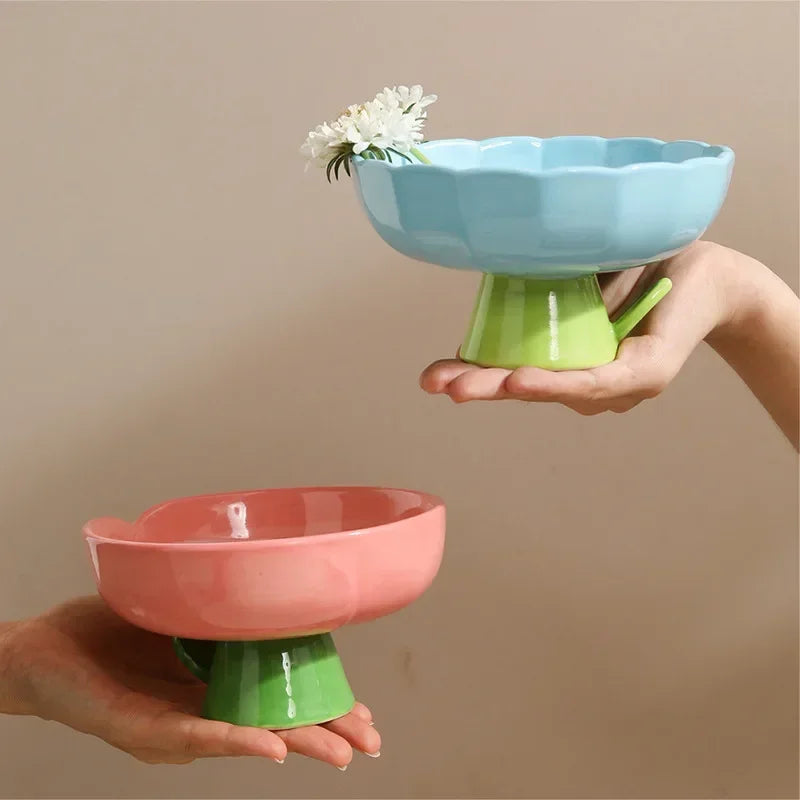 Cat Raised Ceramic Bowl Cute Flower Elevated