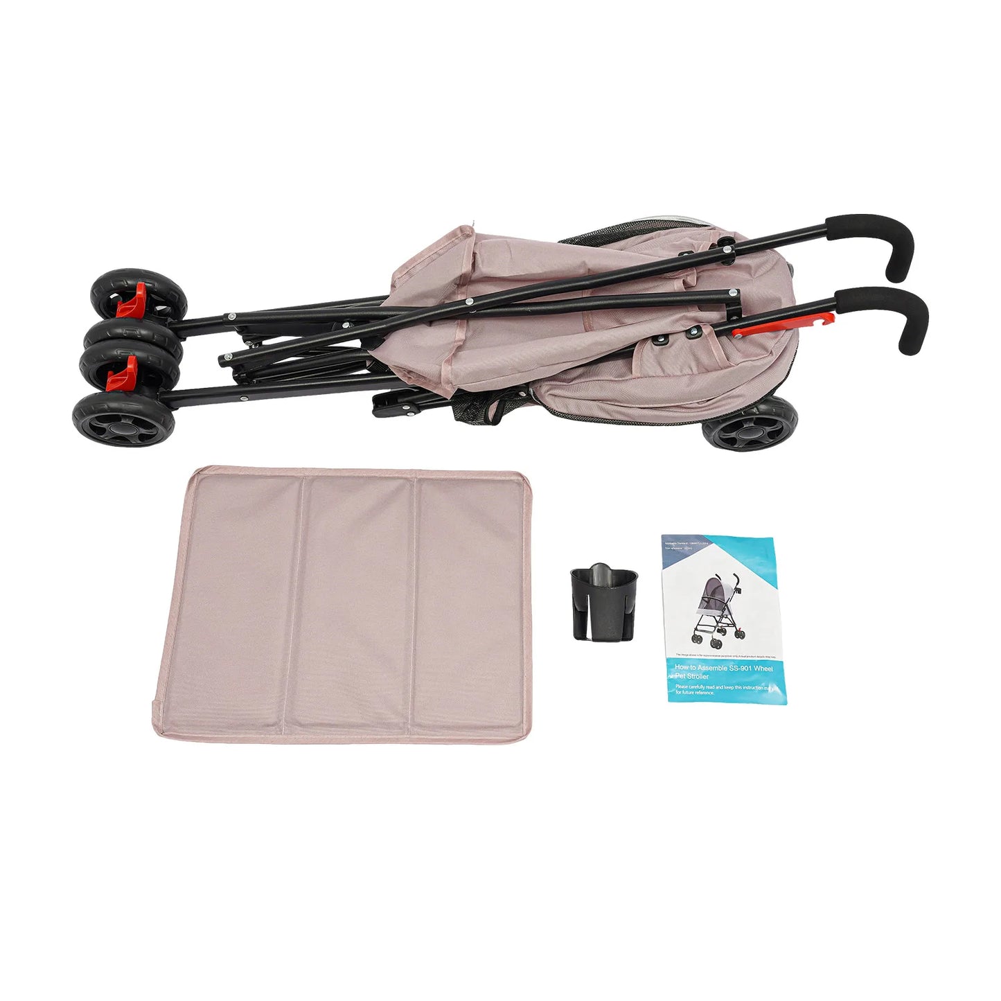 Pink Lightweight Pet Travel Stroller/4 Wheels/Foldable/Safety Rope