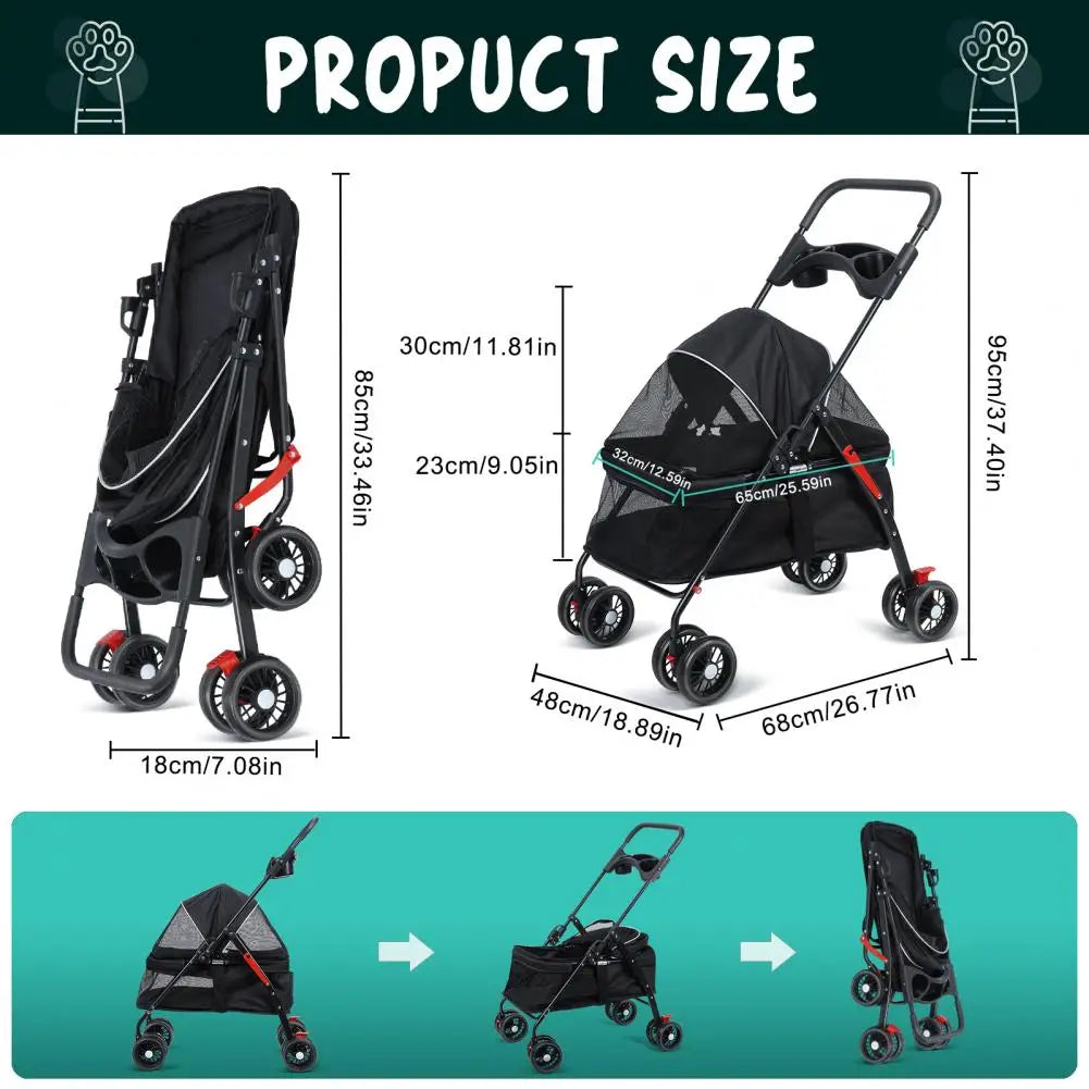Outdoor Travel Pet Folding Stroller 4 Wheels/Cup Holder/Mesh