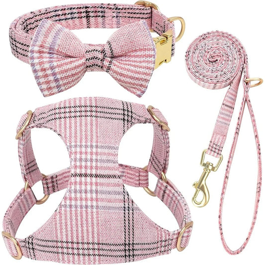 Small Dog Harness Collar Leash Adjustable Plaid