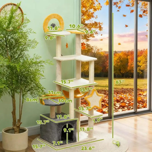 63" Moon & Star Tower with Multi-Level Playspaces & Scratching Posts