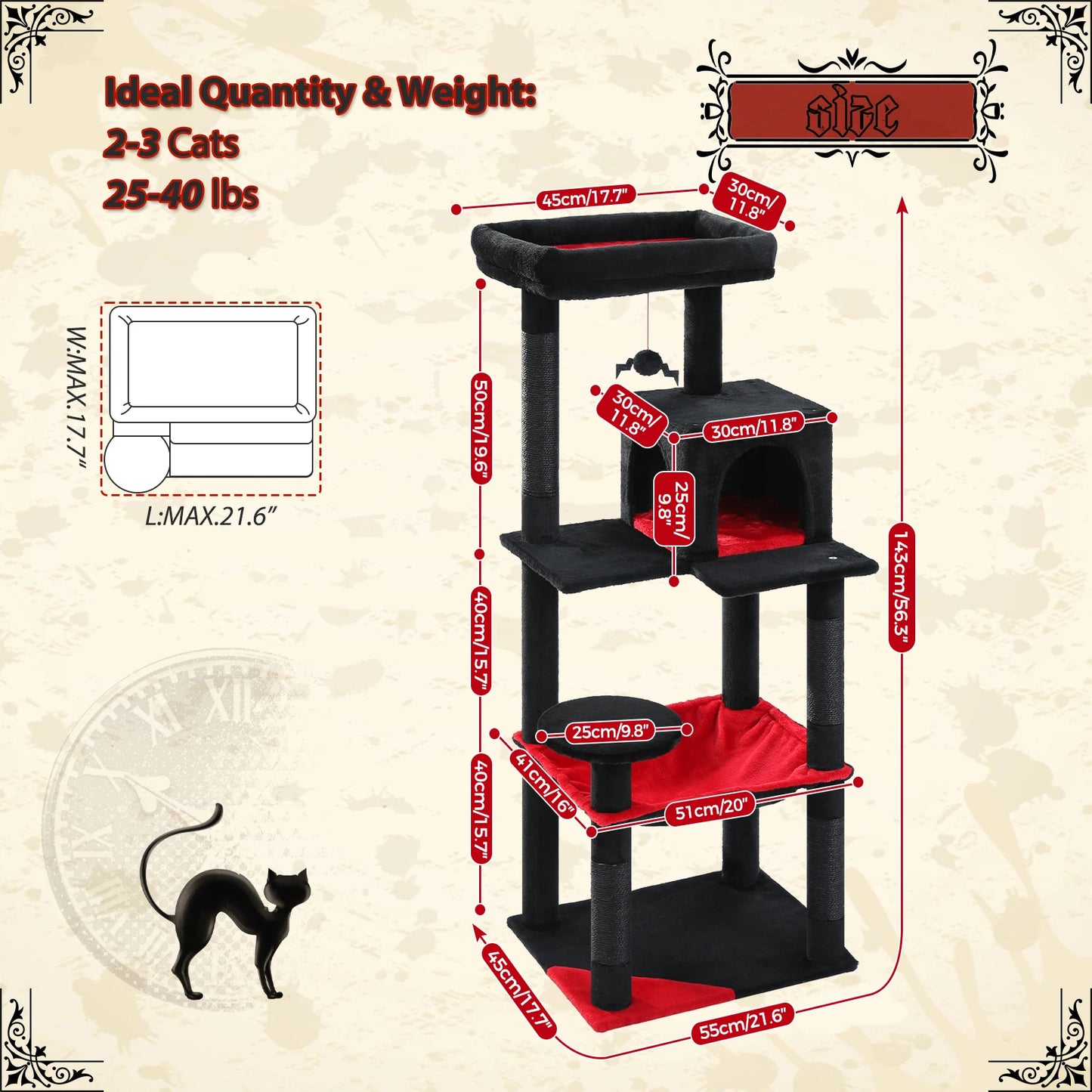 Gothic Cat Tower Large Hammock, Scratching Post Cozy Condo Top Perch