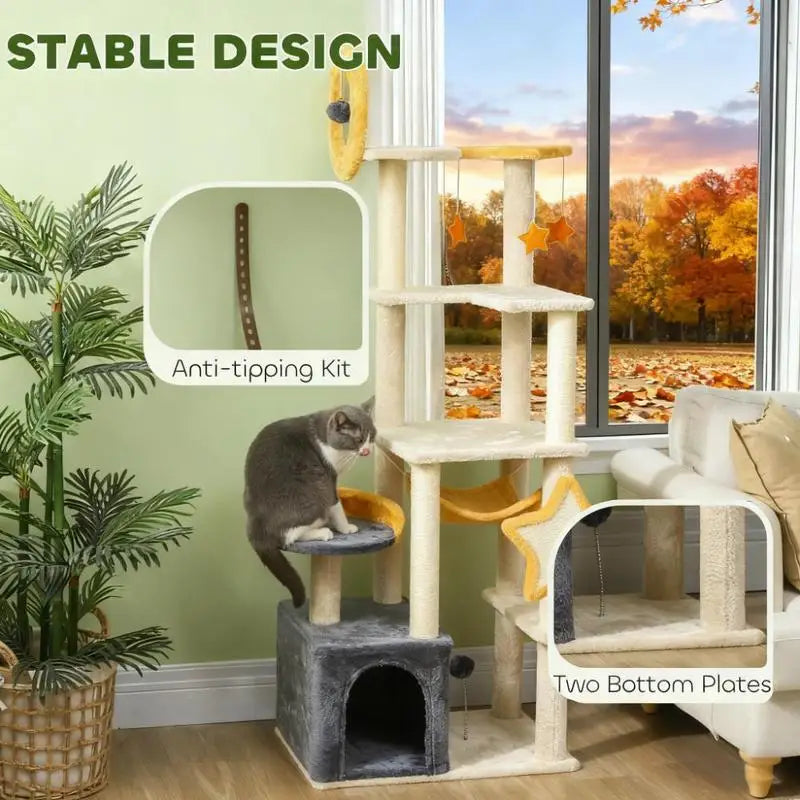63" Moon & Star Tower with Multi-Level Playspaces & Scratching Posts
