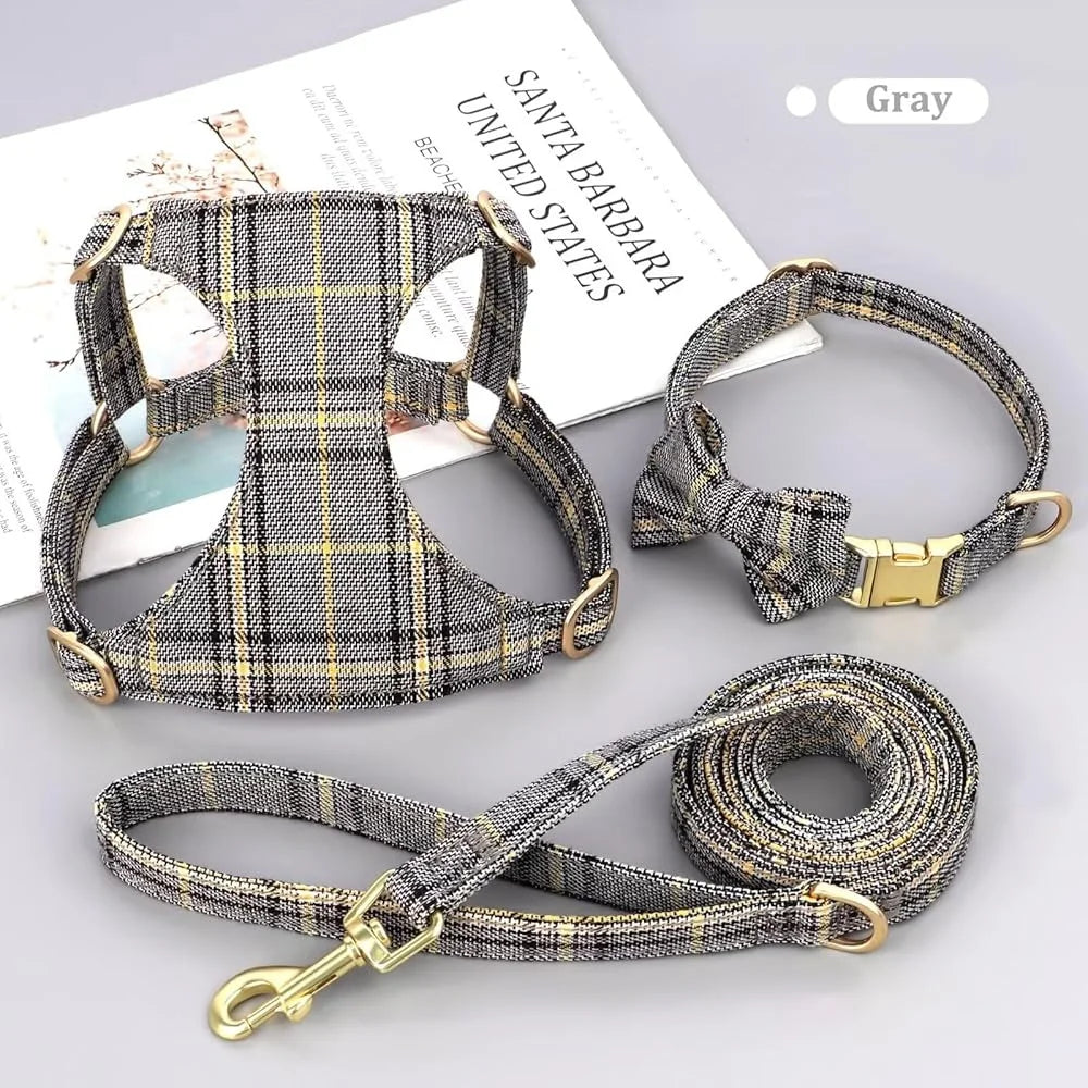 Dog Harness Set Adjustable Plaid Collar Leash Bowtie
