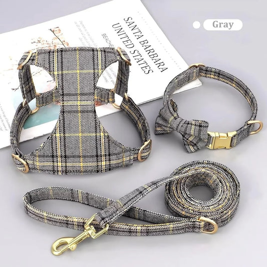 Dog Harness Set Adjustable Plaid Collar Leash Bowtie