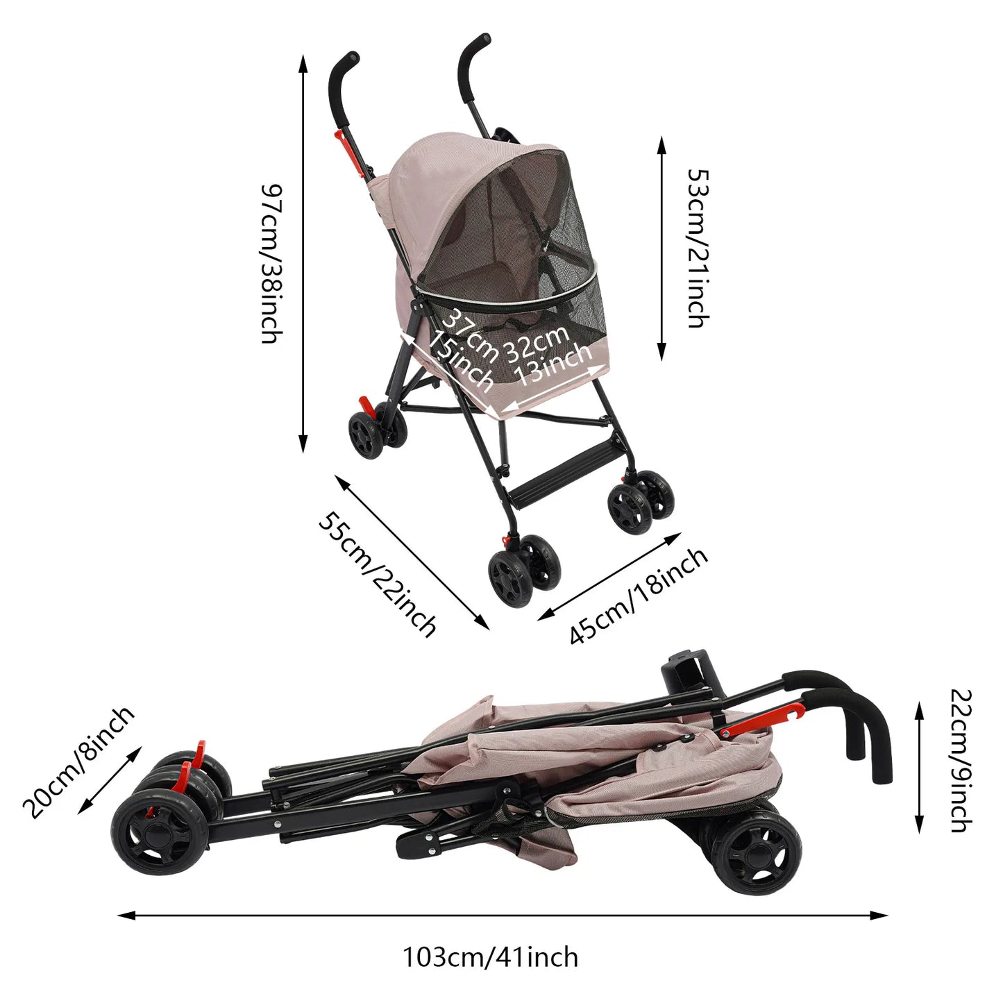 Pink Lightweight Pet Travel Stroller/4 Wheels/Foldable/Safety Rope
