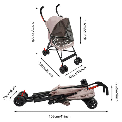 Pink Lightweight Pet Travel Stroller/4 Wheels/Foldable/Safety Rope