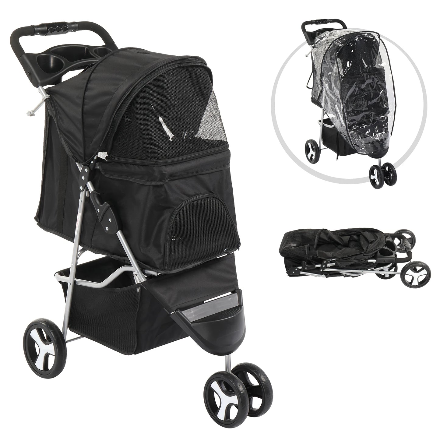 Pet Stroller 3 Wheels Waterproof Cup Holder Removable Liner