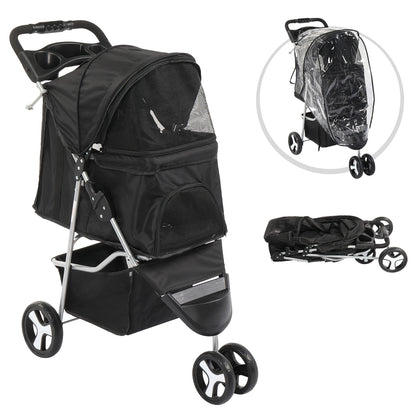 Pet Stroller 3 Wheels Waterproof Cup Holder Removable Liner