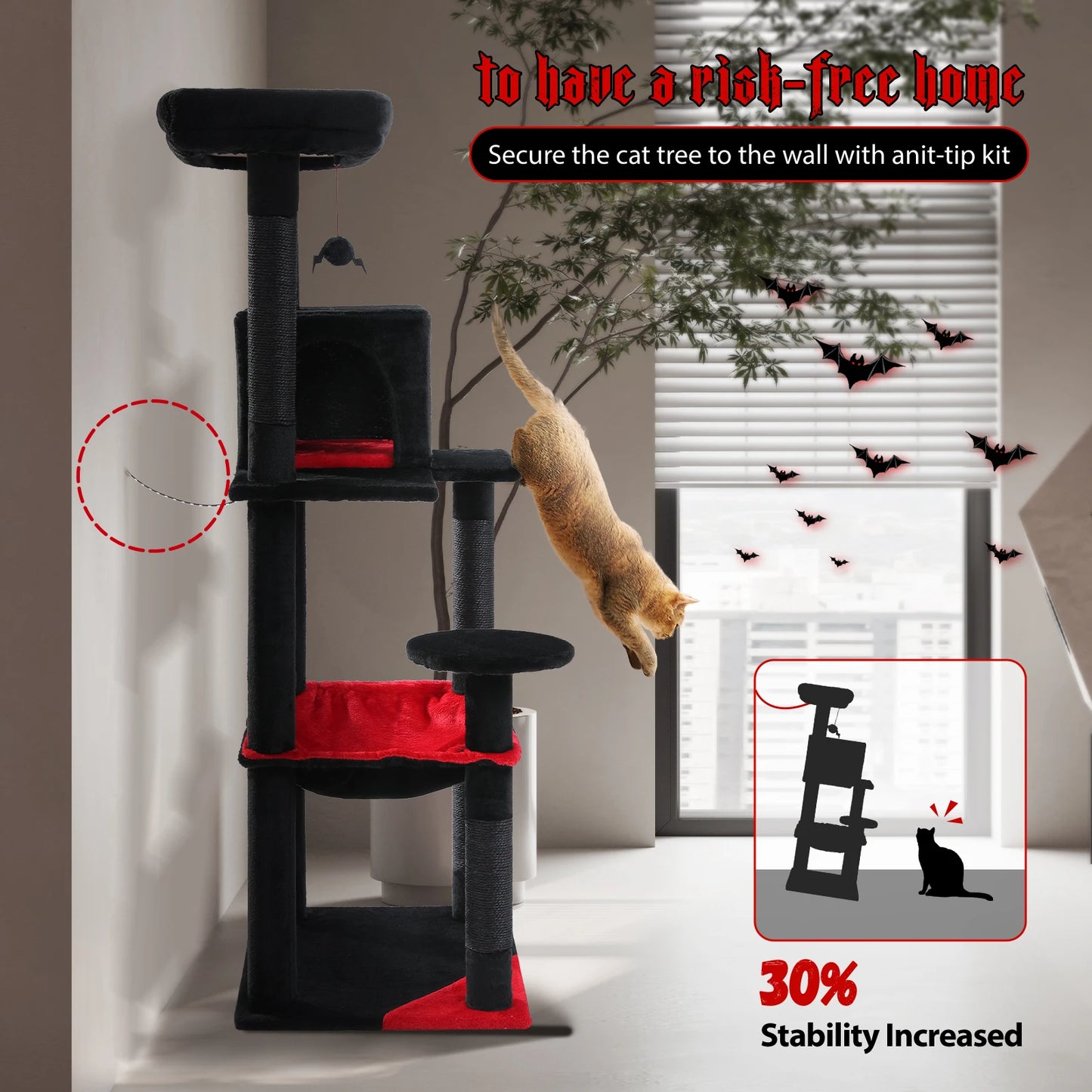 Gothic Cat Tower Large Hammock, Scratching Post Cozy Condo Top Perch