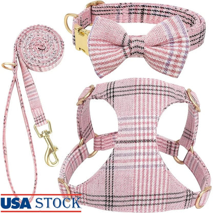 Small Dog Harness Collar Leash Adjustable Plaid