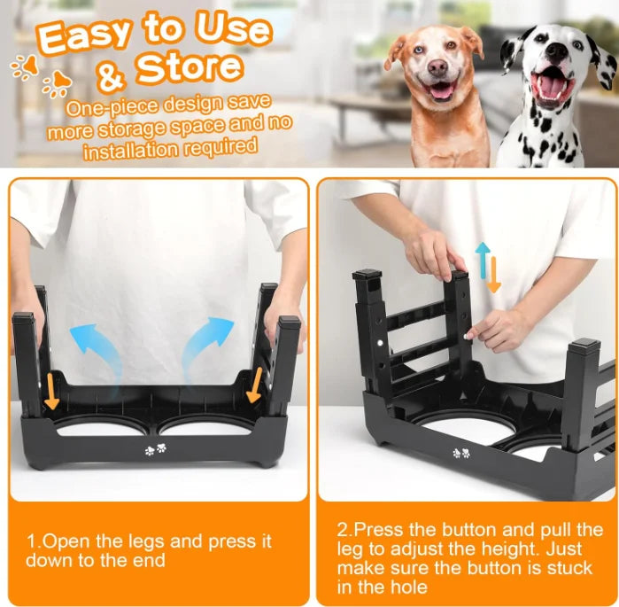 2 Stainless Steel Food Bowls 4 Height Adjustable Rack Black