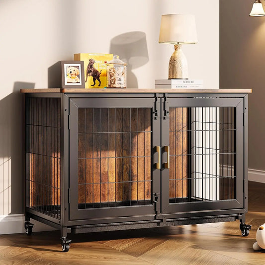 Large Dog Crate Furniture Wheels Removable Tray