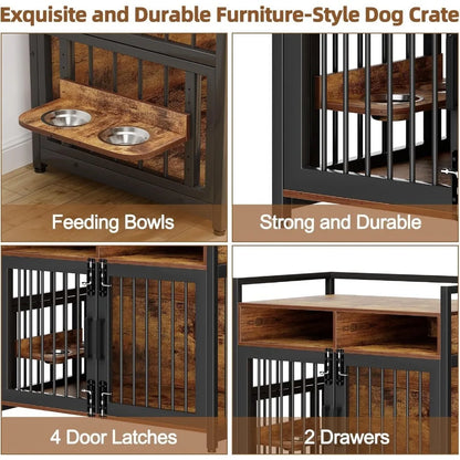 Large Dog Crate Furniture, Drawers Storage Cabinet 2 Bowls