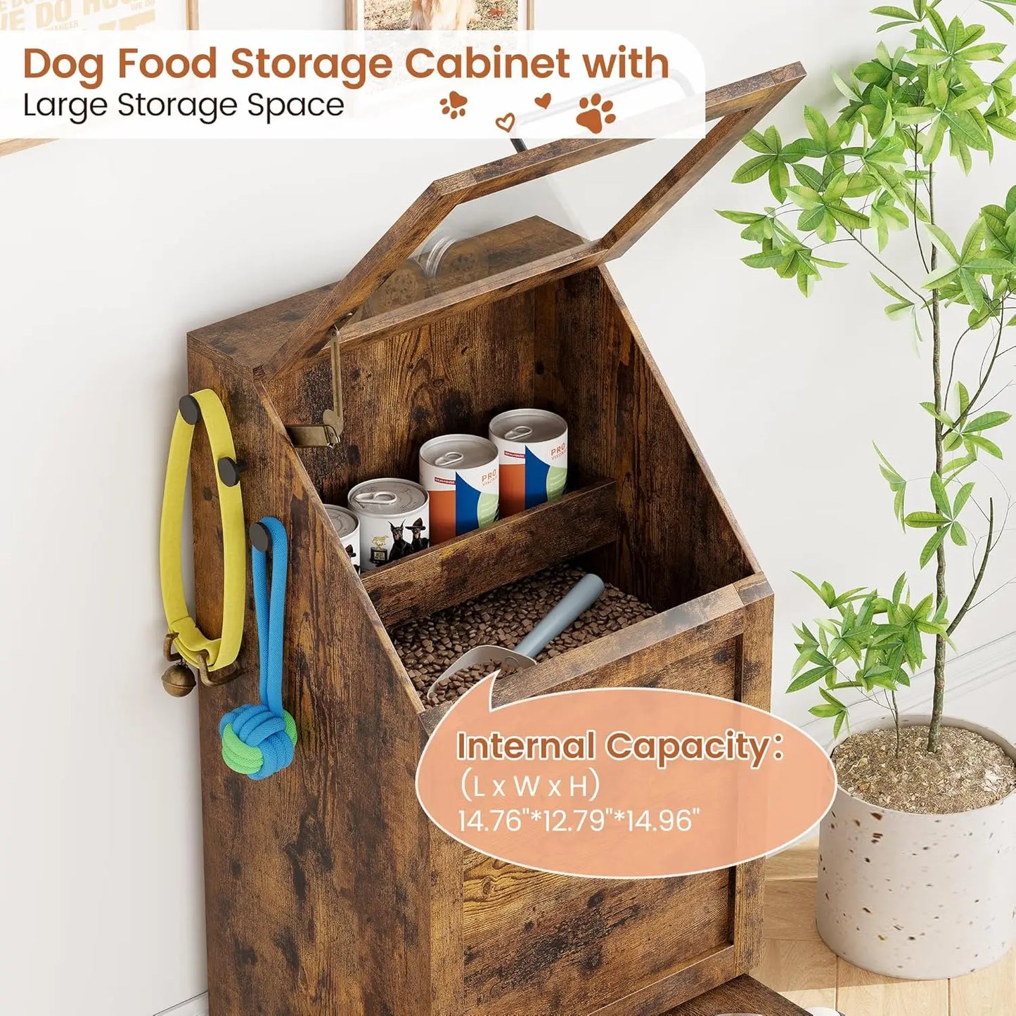 Dog Feeding Station With 2 Elevated Bowls Flip Top Food Storage Cabinet