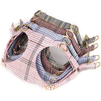 Small Dog Harness Collar Leash Adjustable Plaid