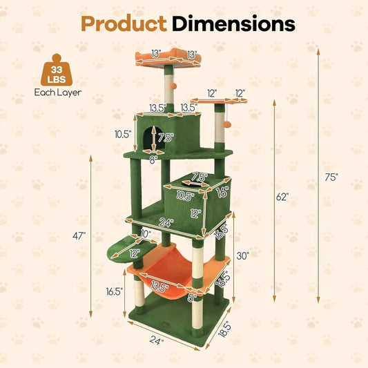75" Tall Cat Tree, Multi-Level,Condos,Top Perch, Hammock