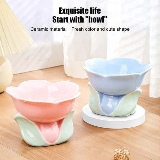 Flower Bowl Raised Ceramic Drinking Eating  Elevated Non-slip