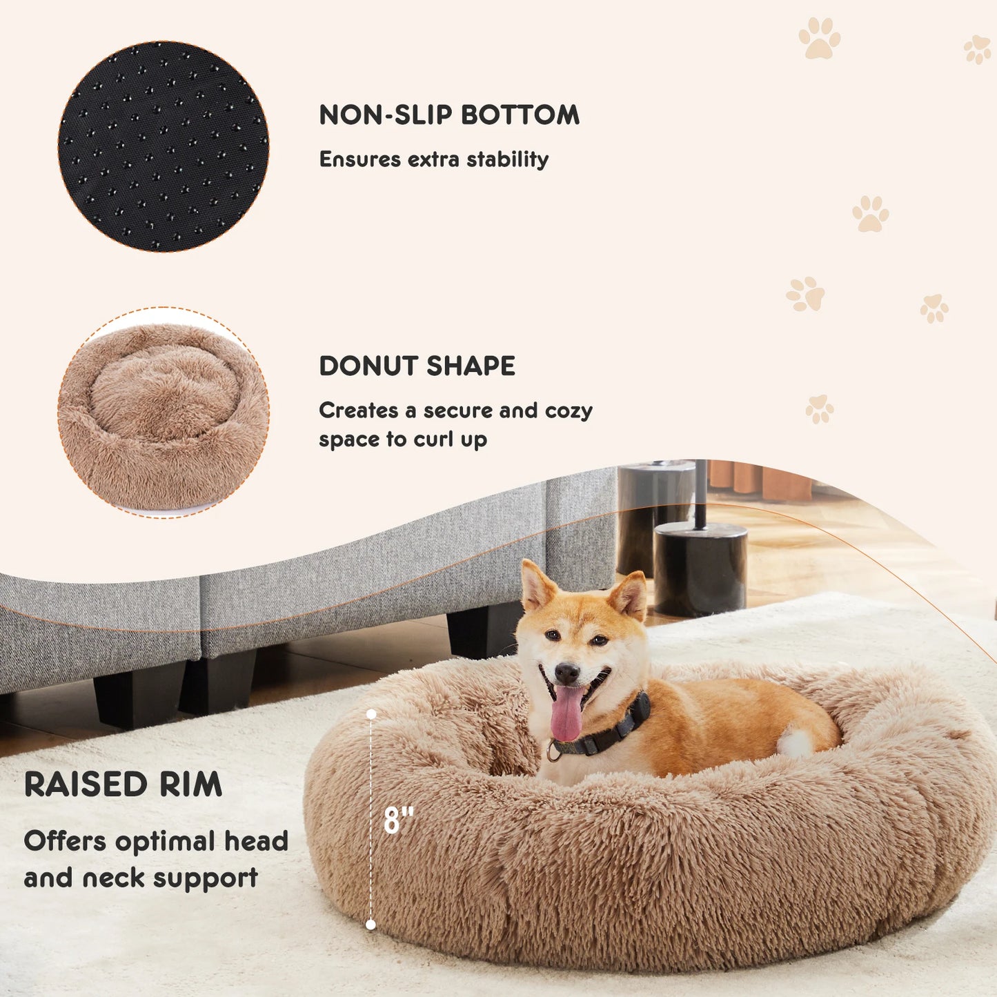 Calming Dog Bed Washable Anti-Slip Round Plush