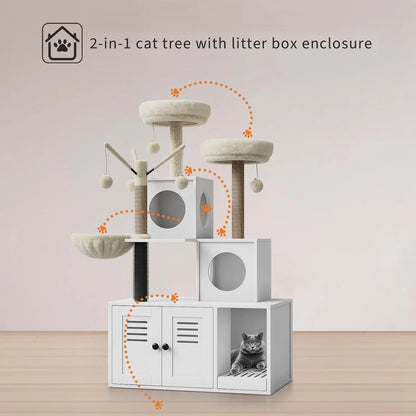 Litter Box Enclosure,Cat Tower,Scratching Post & Plush Perch