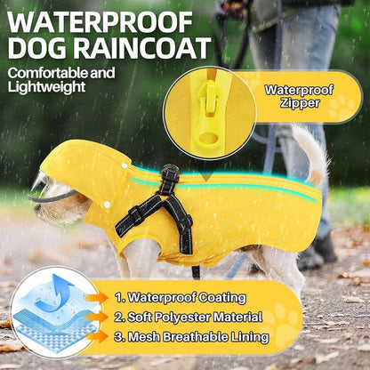 Dog Raincoat with Harness Removable Hood Reflective Double Layer