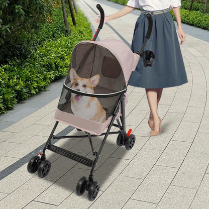 Pink Lightweight Pet Travel Stroller/4 Wheels/Foldable/Safety Rope