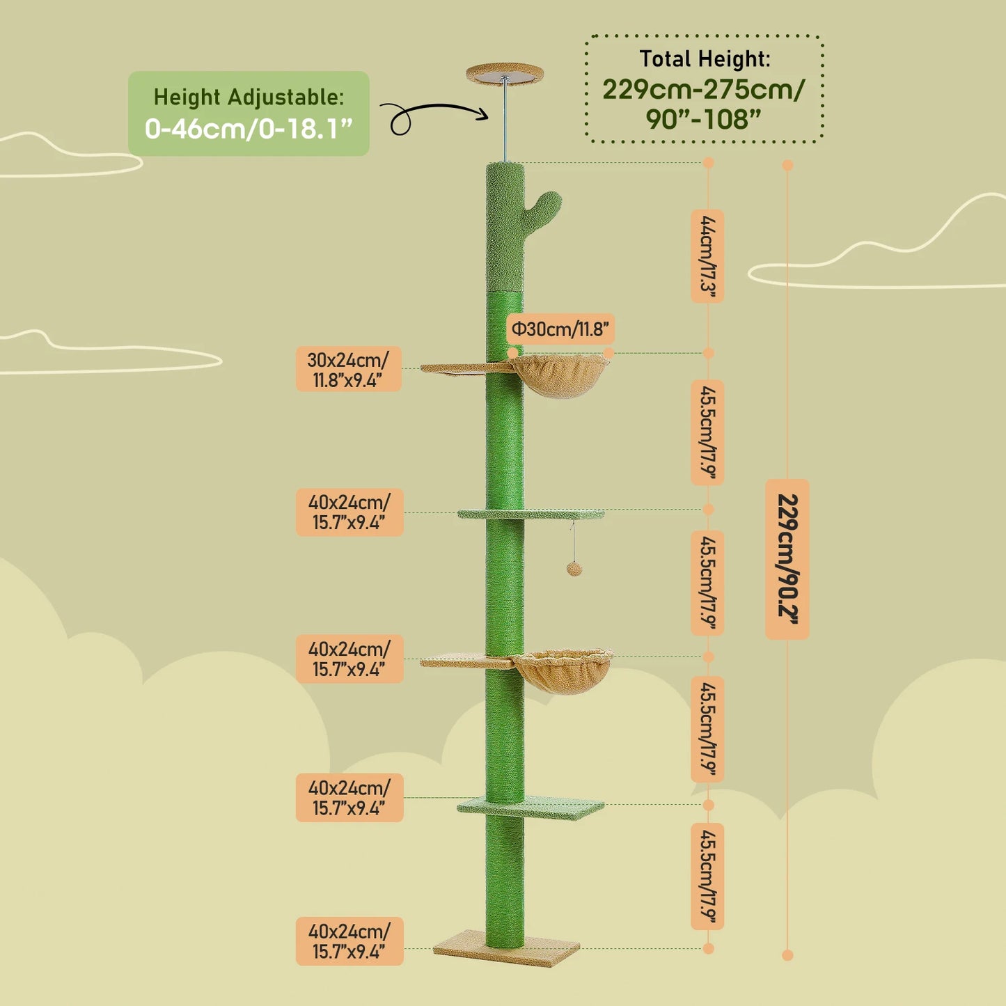 Cactus Cat Tree Floor to Ceiling Tower Sisal Scratching Post,Hammock