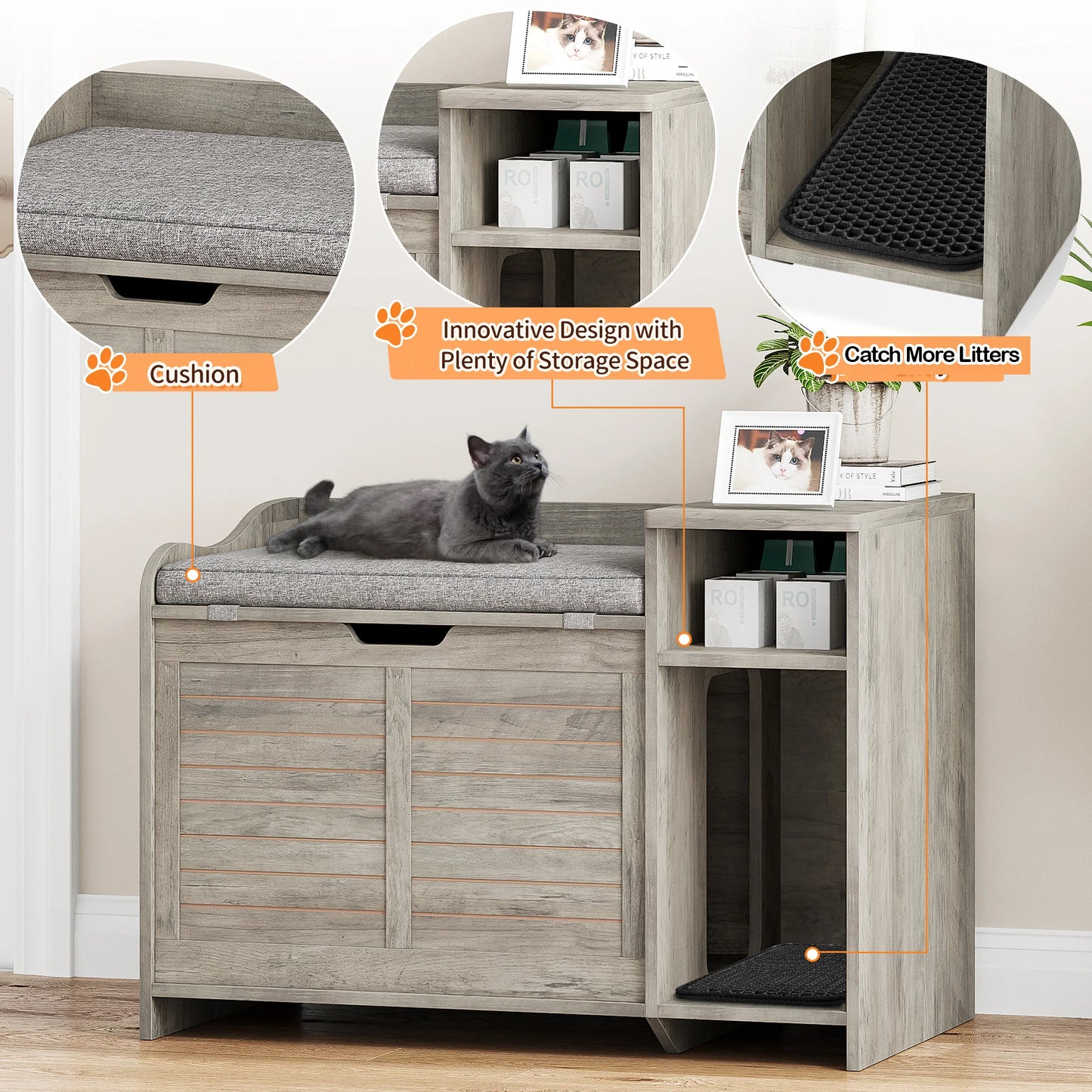 Wood Litter Box Enclosure with Cat Scratch Pad