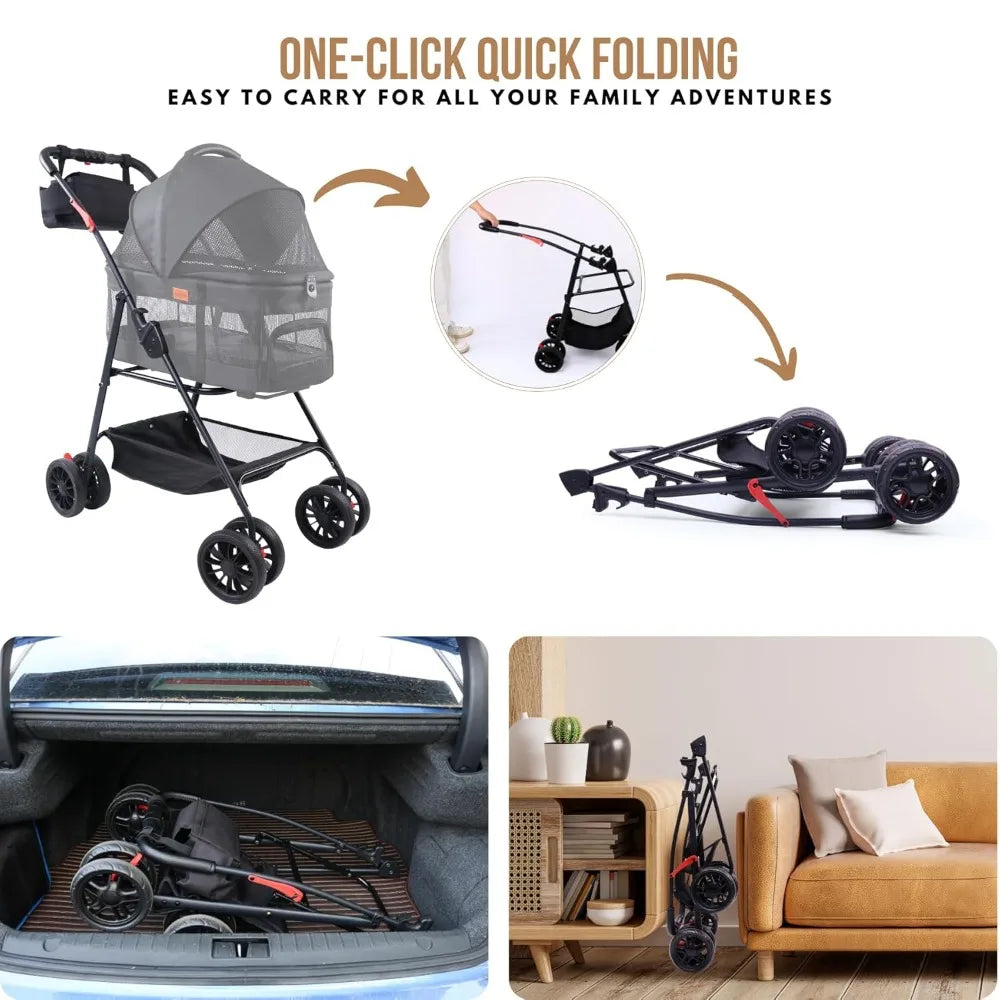3-in-1 Pet Stroller for Small Pets/Detachable Carrier/Lightweight/Foldable