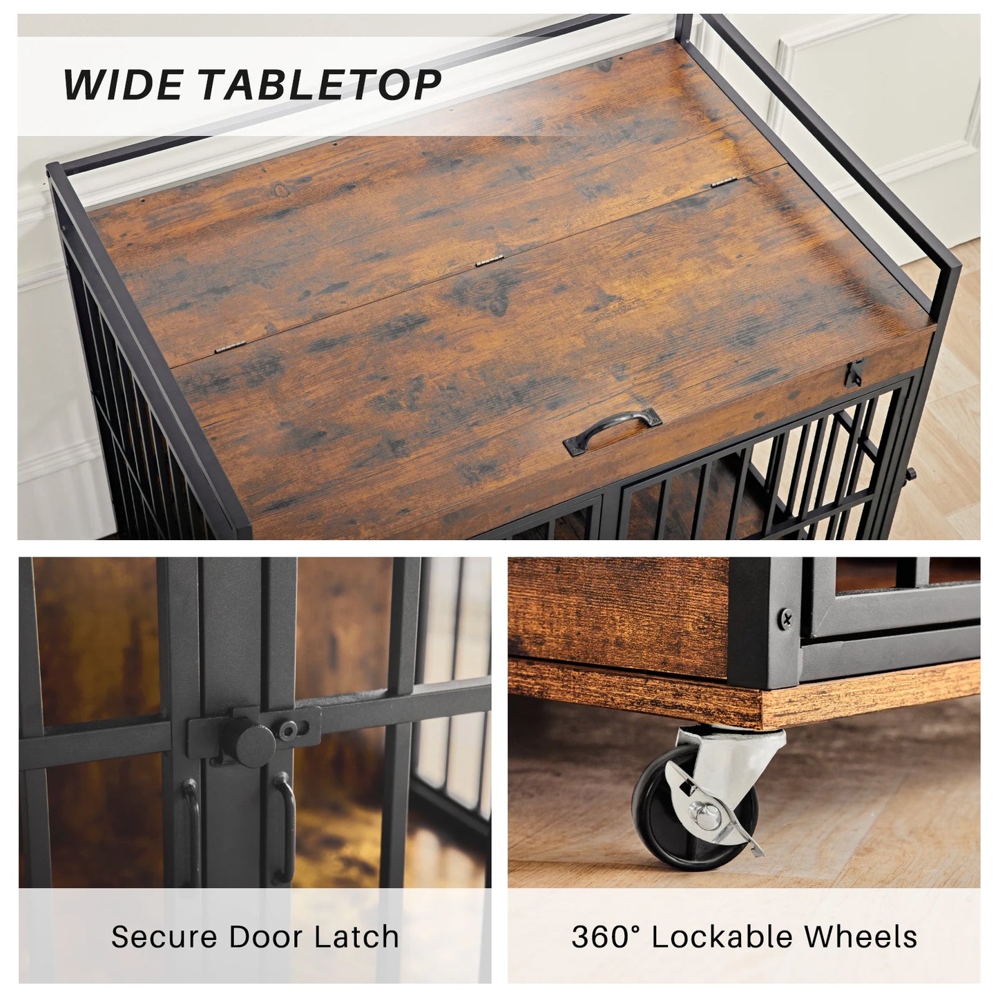 Dog Crate Indoor Heavy Duty w/ Wheels Flip Top 43.7 x 30 x 37.8 in
