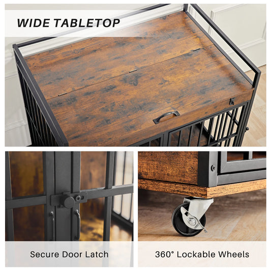 Dog Crate Indoor Heavy Duty w/ Wheels Flip Top 43.7 x 30 x 37.8 in