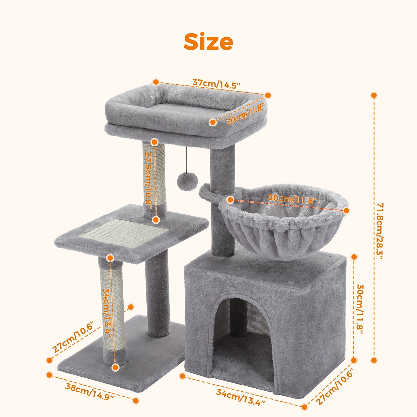 Tower, Scratching Posts, Big Hammock, Removable Top Perch Grey