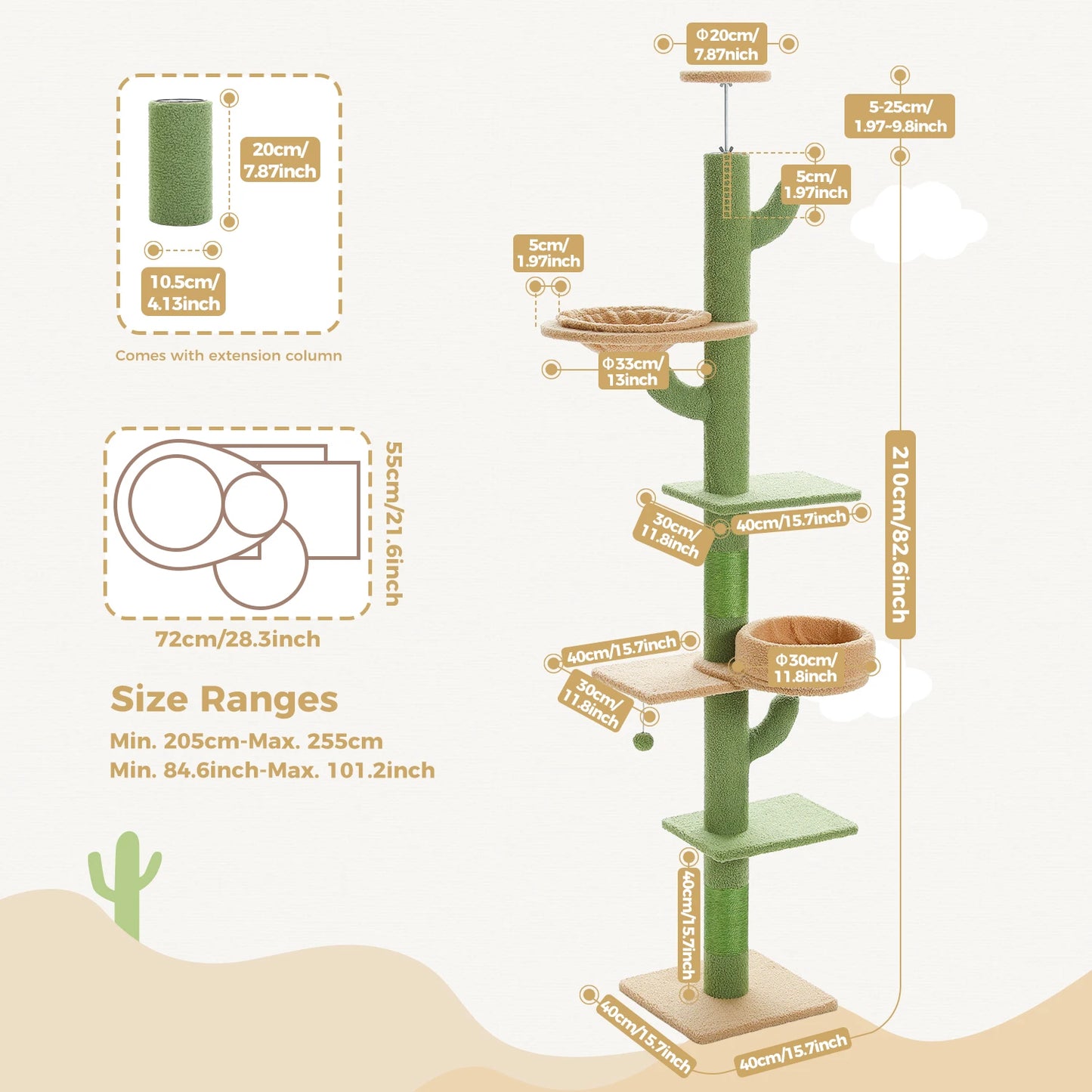 Cactus Cat Tree Floor to Ceiling Tower Sisal Scratching Post,Hammock