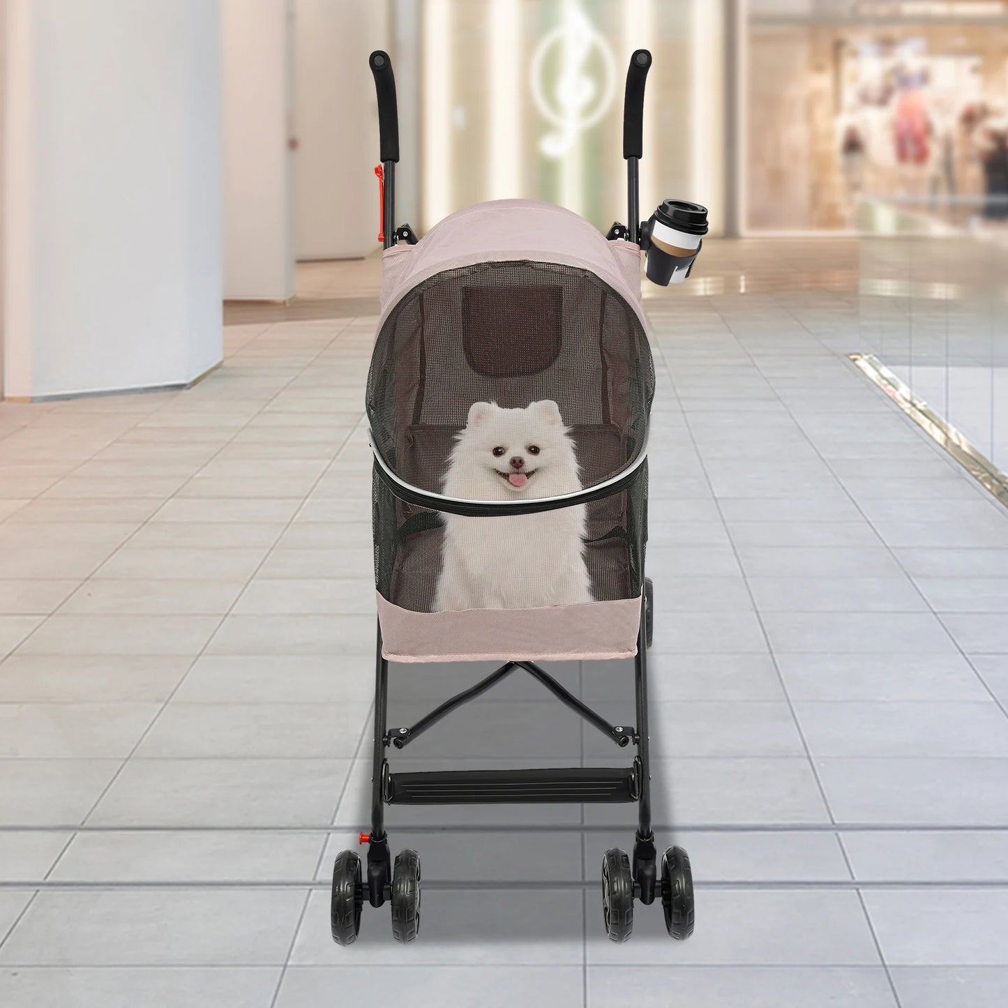 Pink Lightweight Pet Travel Stroller/4 Wheels/Foldable/Safety Rope