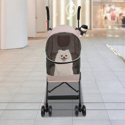 Pink Lightweight Pet Travel Stroller/4 Wheels/Foldable/Safety Rope