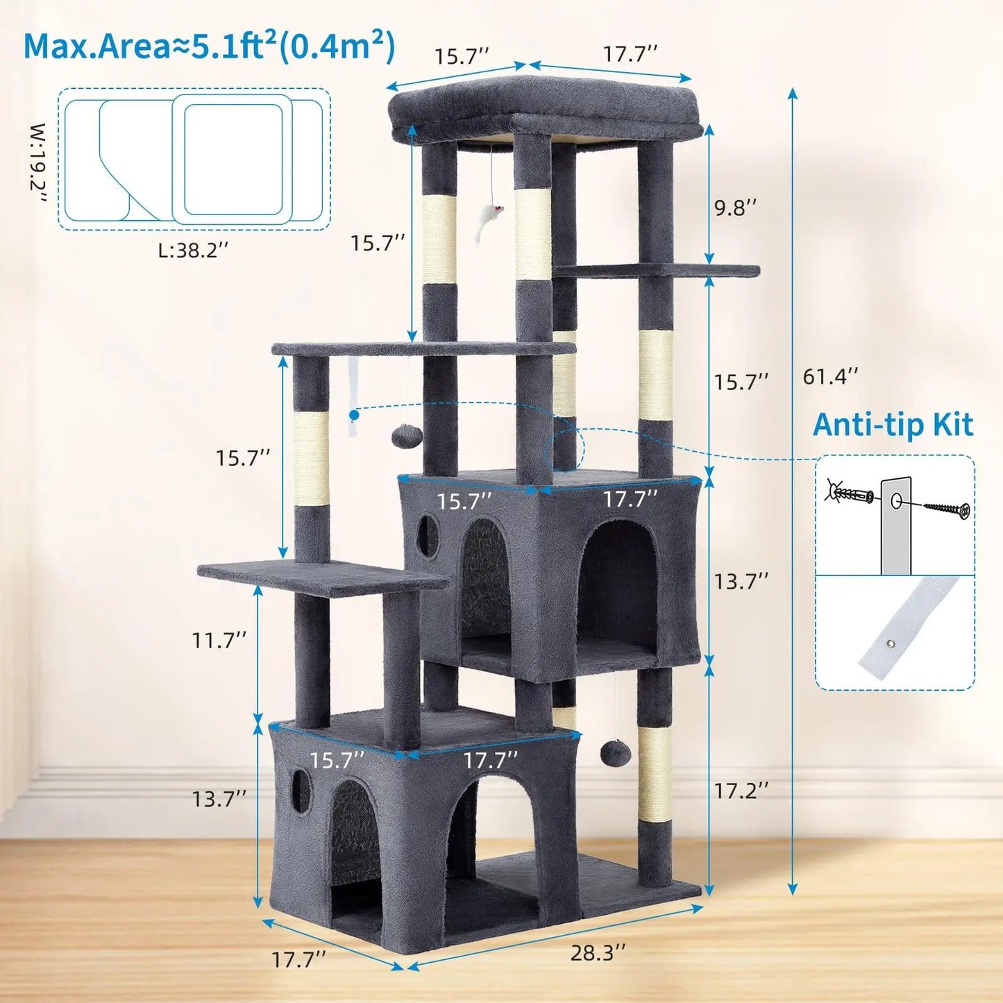61" Heavy-Duty Multi-Level Cat Tree Oversized Perch