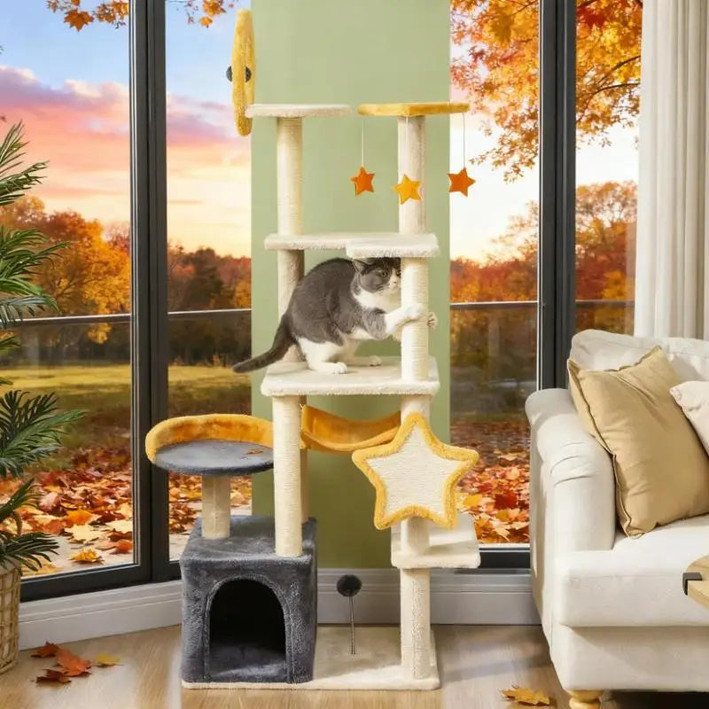 63" Moon & Star Tower with Multi-Level Playspaces & Scratching Posts