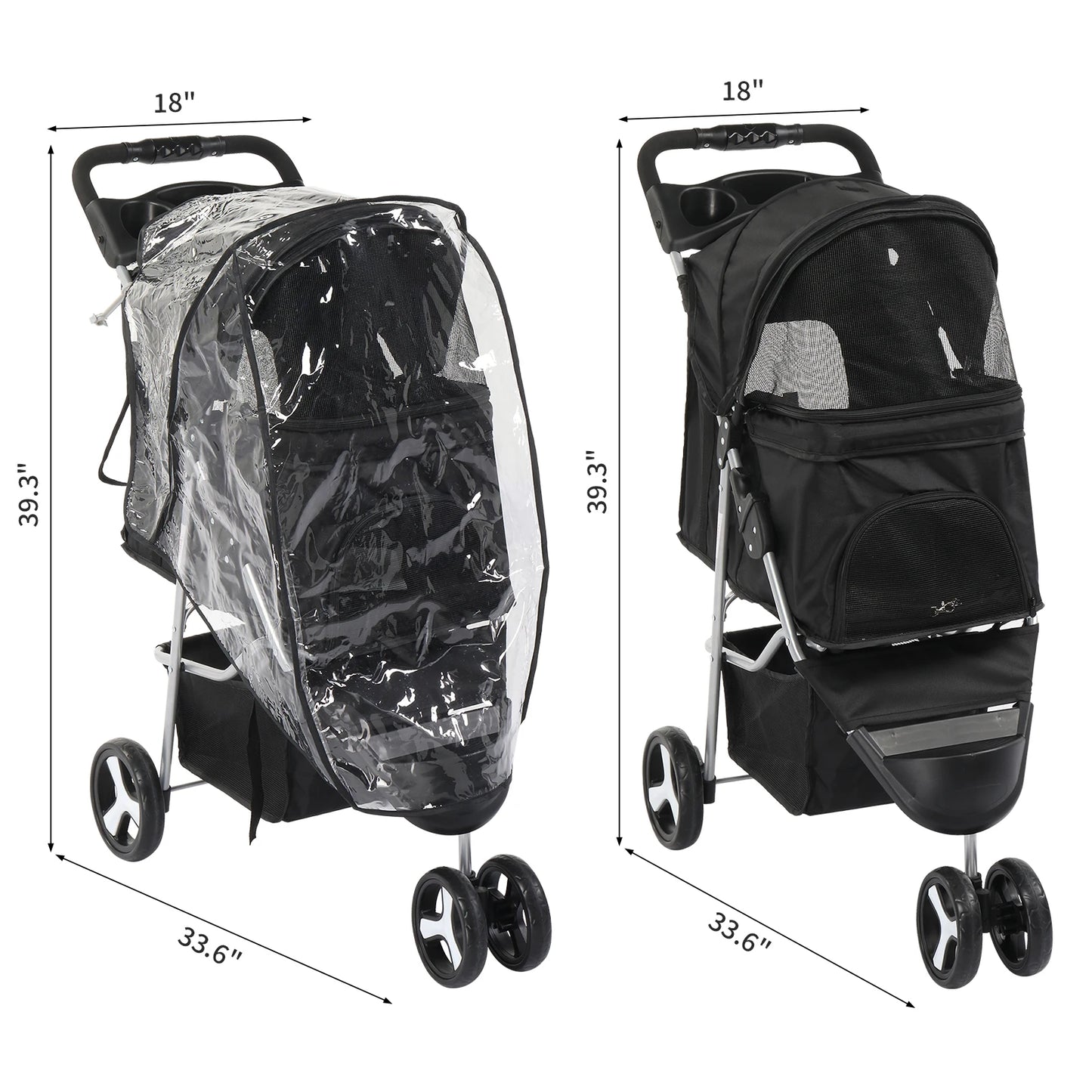 Pet Stroller 3 Wheels Waterproof Cup Holder Removable Liner