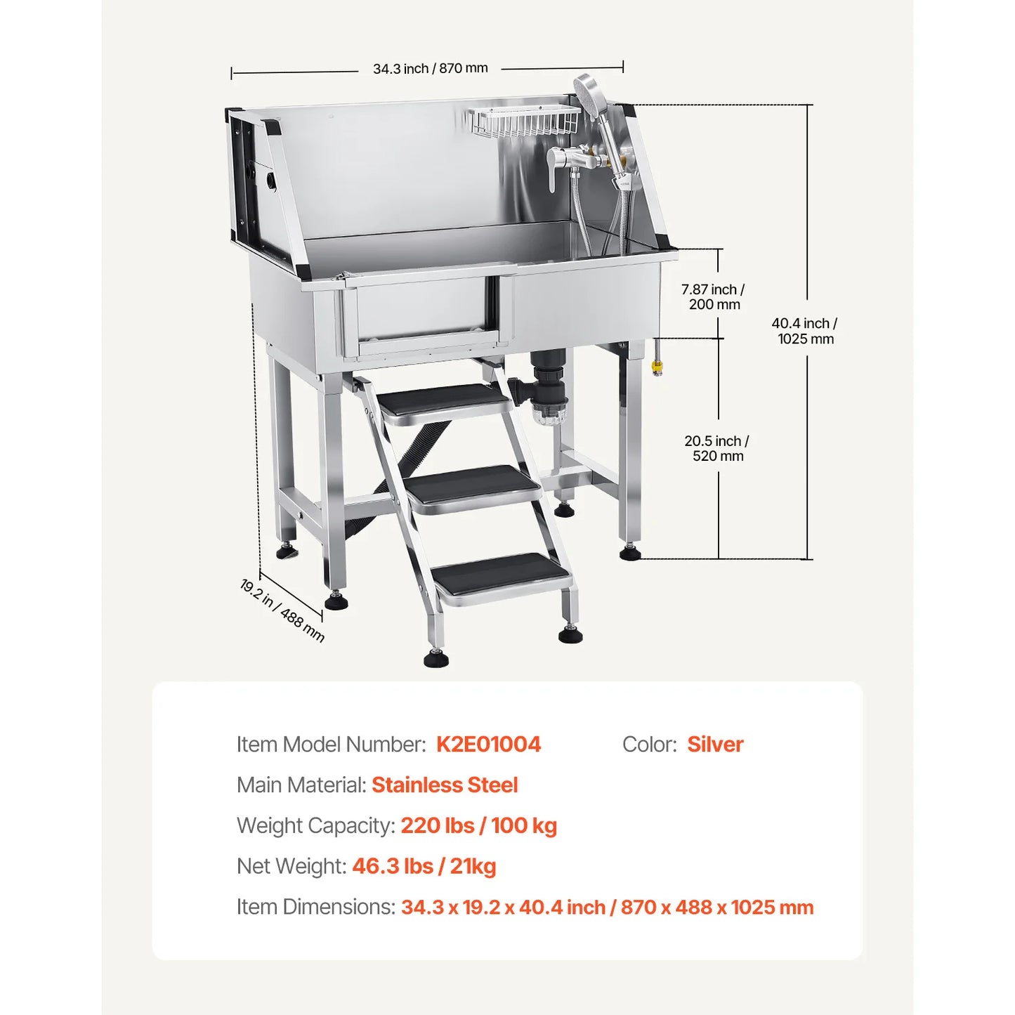 Dog Washing Station 34" Tub w/ Stairs Faucet & Showerhead