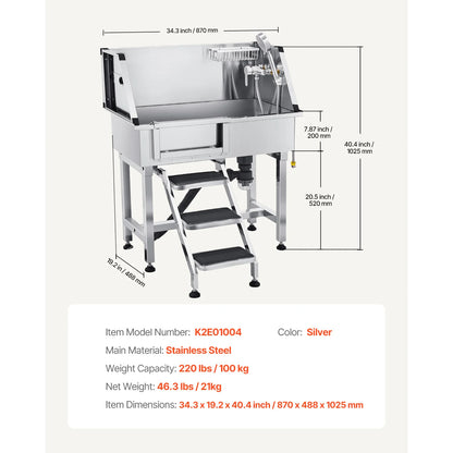 Dog Washing Station 34" Tub w/ Stairs Faucet & Showerhead