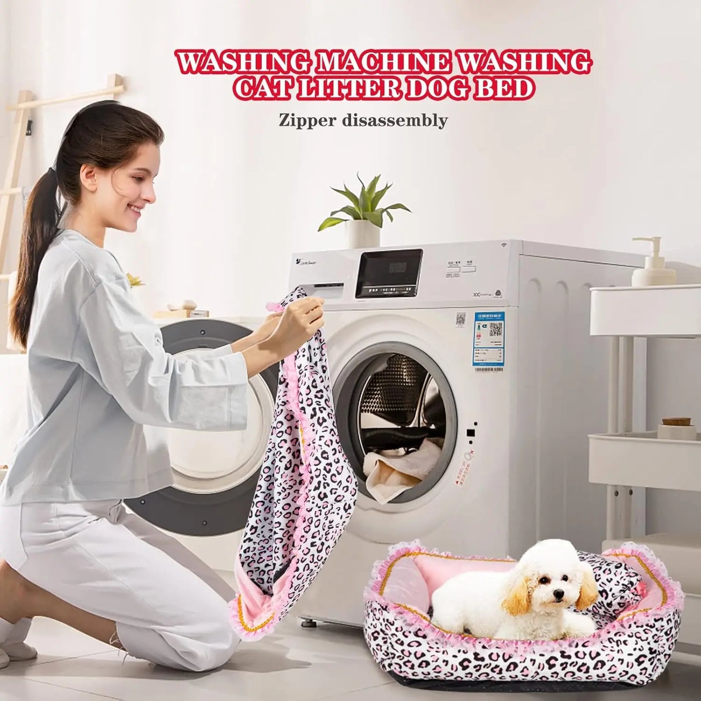 Pink Leopard Dog Bed Washable (M, 20.8'L x 18'W x 5.5')